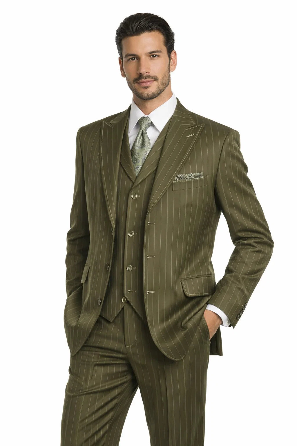 Men’s Vintage Vested Gangster Pinstripe Suit – Bold Olive Green Fashion 3-Piece Set Modern Fit