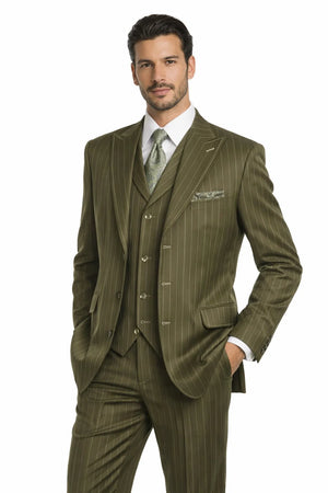 Men’s Vintage Vested Gangster Pinstripe Suit – Bold Olive Green Fashion 3-Piece Set