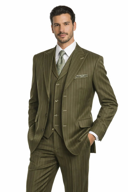 Men’s Vintage Vested Gangster Pinstripe Suit – Bold Olive Green Fashion 3-Piece Set Modern Fit