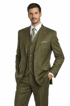 Men’s Vintage Vested Gangster Pinstripe Suit – Bold Olive Green Fashion 3-Piece Set