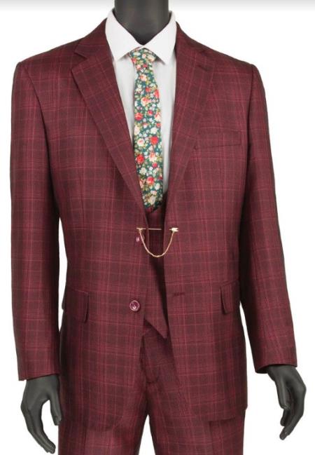 Men's Two Buttons Plaid ~ Window Pane Cheap Priced Business Suits Clearance Sale Pleated Pants Regular Cut Dark Navy main image 1