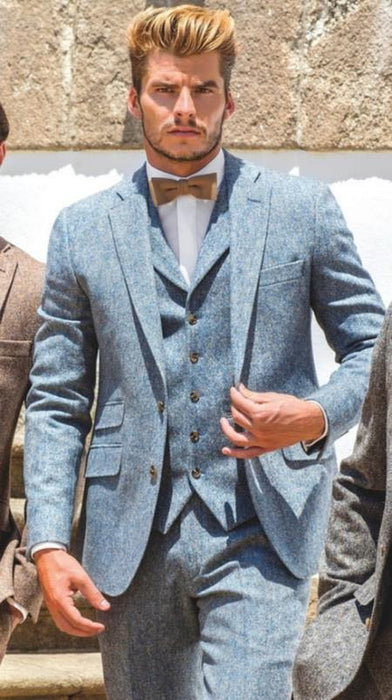 Mens Light Blue Tweed Suit - Groom Tweed Wedding Suits