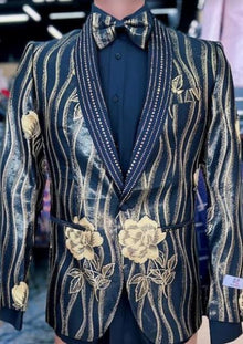 SKU#JA60644 Black And Gold Sequin - Paisley Tuxedo Dinner Jacket With Bowtie