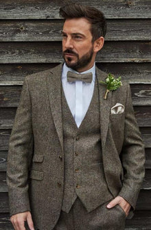 SKU#JA60785 Groomsmen Tweed Suit - Brown Herringbone Western Suit - Traje Para Hombre