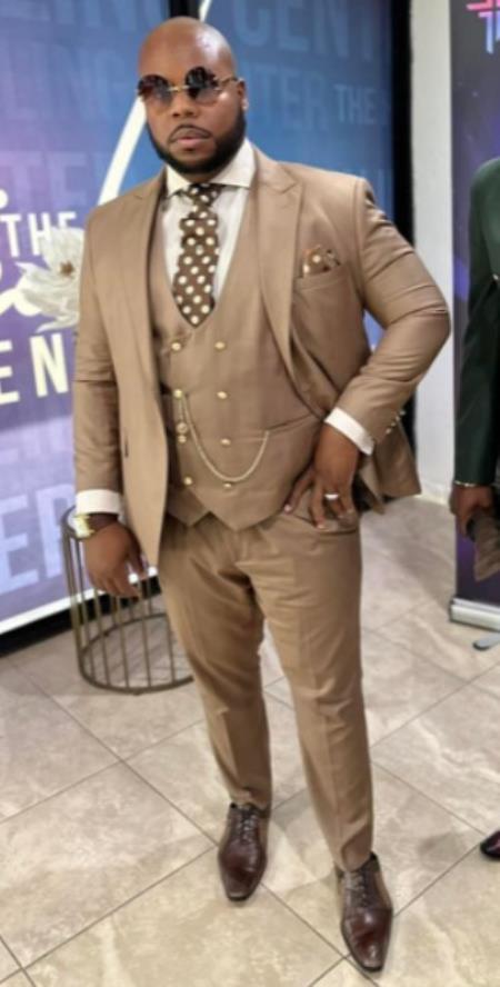 Men’s Rossiman Tan Suit with Gold Buttons, Peak Lapel Jacket and Double Breasted Vest Modern Fit