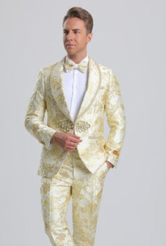 Paisley Suits - Wedding Tuxedo - Groom Ivory ~ Gold Suit + Matching Bowtie