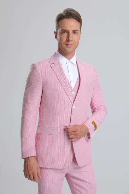SKU#JA61394 Seersucker Suit - Summer Suit - Cotton Suit - Red