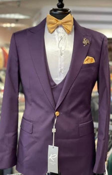Rossiman Mens Plum Purple Suit – Gold Buttoned Double-Breasted Elegance