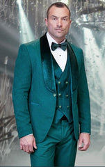 SKU#JA61467 Emerald Green Tuxedo - Hunter Green Tuxedo Velvet Lapel, Velvet Vest with Gold Button and Side Trim on the Pants