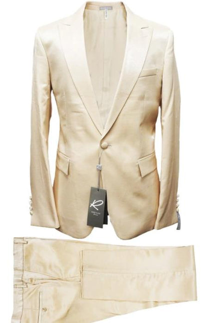 Rossiman Men’s Cream Sateen Suit – Elegant Glossy Formalwear Modern Fit