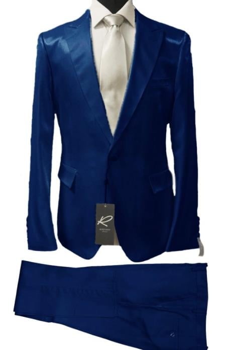 Rossiman Men’s Royal Blue Glossy Sateen Suit – Bold & Refined Look  Modern Fit