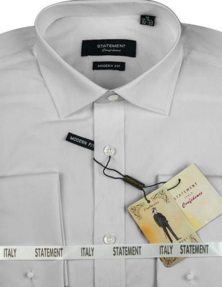Mens Long Sleeve 100% Cotton Shirt - French Cuff - Grey
