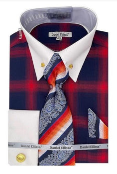 Red and Black Pin Collar Dress Shirt With Collar Bar