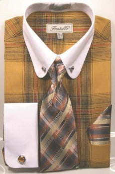 Mustard Pin Collar Dress Shirt With Collar Bar