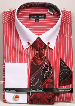Red Pin Collar Dress Shirt With Collar Bar