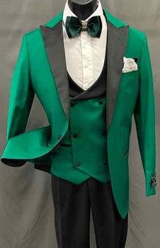 Mens One Button Peak Lapel Green Suit