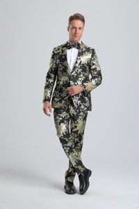 Black and Gold Paisley - Black and Gold Floral Suit With Bowtie With Pants