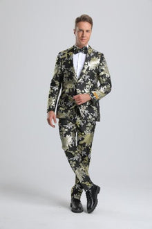 Black and Gold Paisley - Black and Gold Floral Suit With Bowtie With Pants