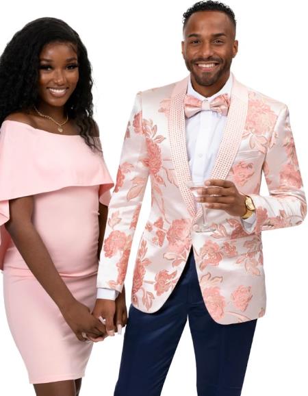 Mens Paisley Jeweled Shawl Prom Tuxedo in Blush Pink
