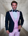Mens Wool Vested Wide Contrast Peak Wedding Tuxedo in Black - Pink