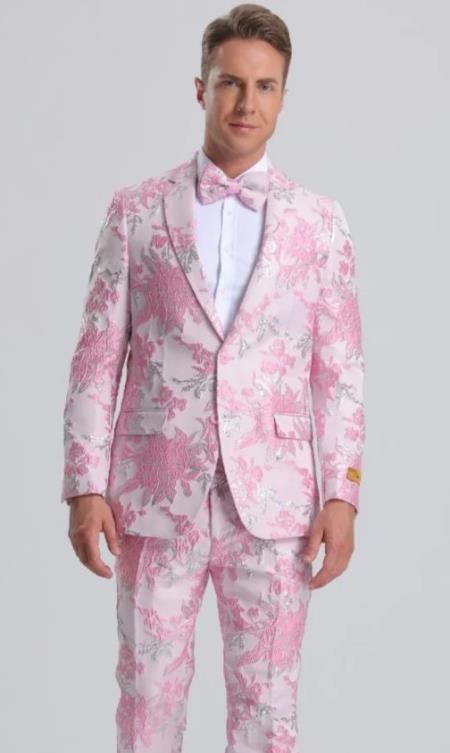 Mens Fuchsia Pink and Black Floral Paisley Prom Tuxedo