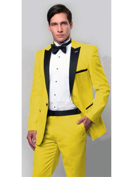 Mens One Button Notch Lapel Single Breasted Suit Yellow