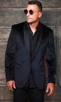 Mens Modern Fit Velevet Blazers with Stone Black - Black