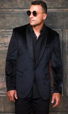 Mens Modern Fit Velevet Blazers with Stone Black - Black
