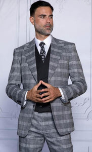 Gray Plaid Suit - Glen Plaid With Black Vest - 100% Wool Super 150's Wool Suit - Grey Checkered Suit - 100% Percent Wool Fabric Suit - Worsted Wool Business Suit