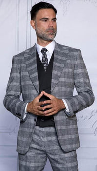 Mens Black Plaid Peak Lapels Suit Tailor Fit
