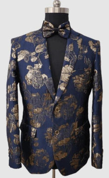 Navy and Gold Blazer - Paisley Sport Coat - Floral Prom Tuxedo