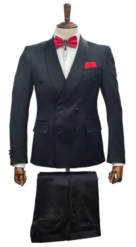 Mens Double Breast Suit Black - Sateen Shiny Fabric Metallic Fabric - Sharskin