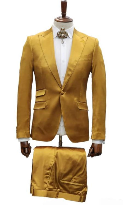 Mens Single Breasted Sateen Shiny Fabric Metallic Fabric - Sharskin Gold Suit