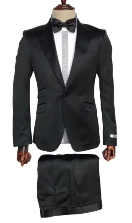 Mens Single Breast Suit Black - Sateen Shiny Fabric Metallic Fabric - Sharskin