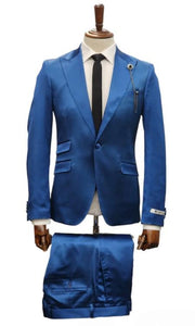 Mens Single Breast Suit Blue - Sateen Shiny Fabric Metallic Fabric - Sharskin