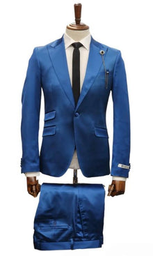 Mens Single Breasted Sateen Shiny Fabric Metallic Fabric - Sharskin Blue Suit