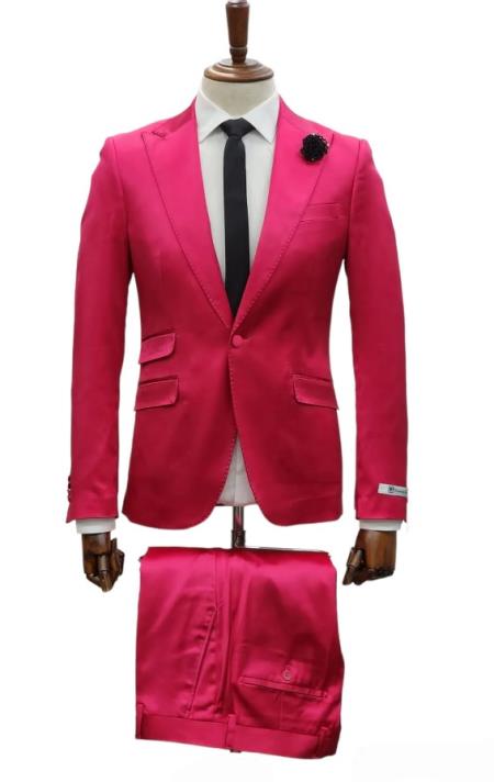 Mens Single Breast Suit Hot Pink - Sateen Shiny Fabric Metallic Fabric - Sharskin