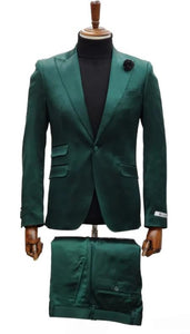 Mens Single Breast Suit Green - Sateen Shiny Fabric Metallic Fabric - Sharskin