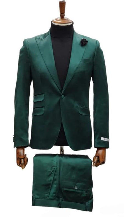 Mens Single Breast Green Sateen Shiny Fabric Metallic Fabric - Sharskin Suit