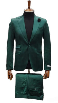 Mens Single Breast Green Sateen Shiny Fabric Metallic Fabric - Sharskin Suit