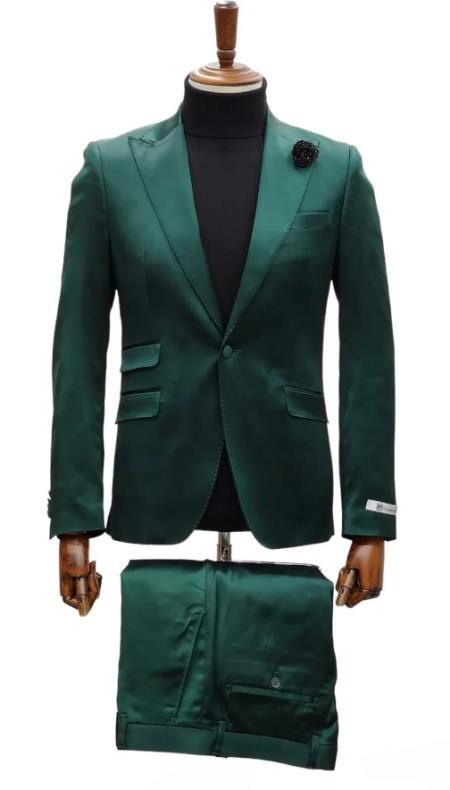 Mens Single Breast Green Sateen Shiny Fabric Metallic Fabric - Sharskin Suit