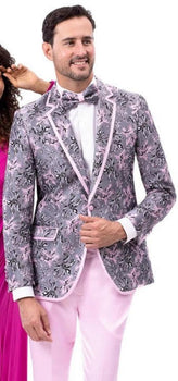 Mens Gray Pink Floral Prom Party Suit Tuxedo