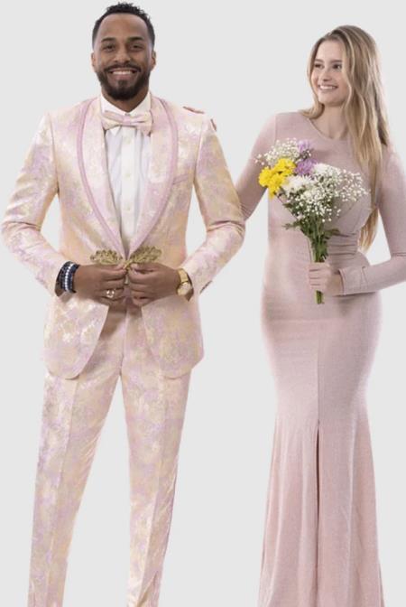Mens One Button Gold and Pink Paisley Pattern Wedding and Prom Jacket