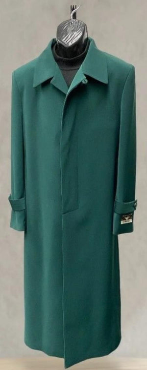 Mens Full Length 53 inch Long Top Coat - Single Breasted - Microfiber Fabric Hunter Green