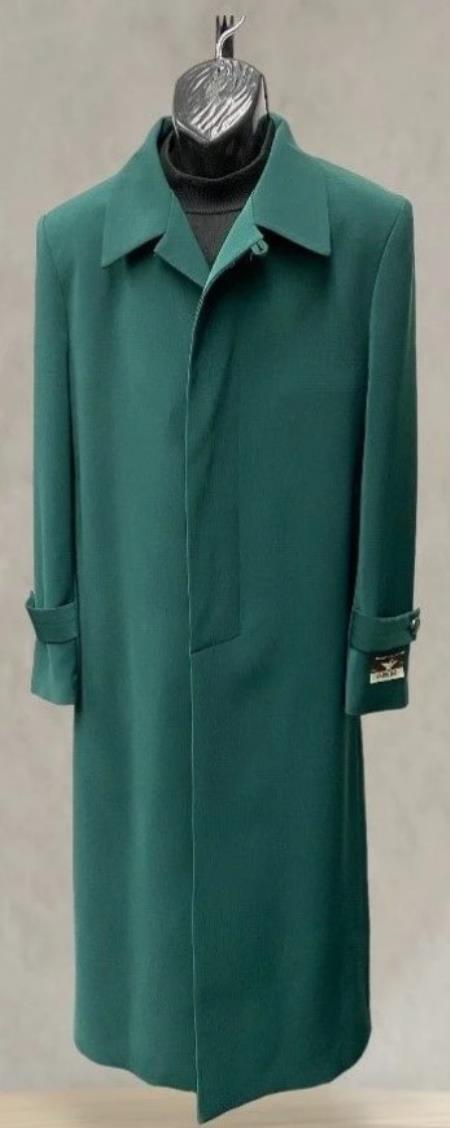 Mens Full Length 53 inch Long Top Coat - Single Breasted - Microfiber Fabric Hunter Green