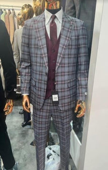 Peak Lapel Suit - Plaid Suit - Windowpane Pattern Color Suit - Gray With Burgundy Mix Pattern