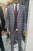 Peak Lapel Suit - Plaid Suit - Windowpane Pattern Color Suit - Gray With Burgundy Mix Pattern