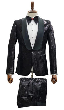 Mens 2 Button Slim Fit Shawl Lapel Sequin Suit Black