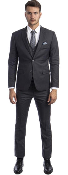 Extra Slim Fit Suit Charcoal Shorter Sleeve ~ Shorter Jacket For Men - 3 Piece Suit For Men - Three Piece Suit