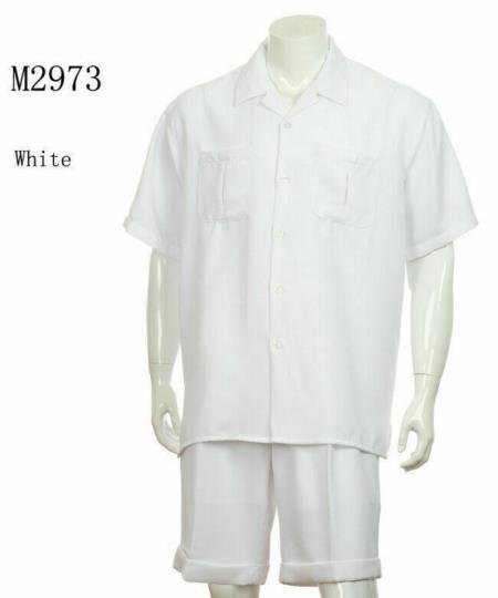 Mens 2-piece Spring - Summer Casual Short Sleeve Shirt Set - Walking Suit - White